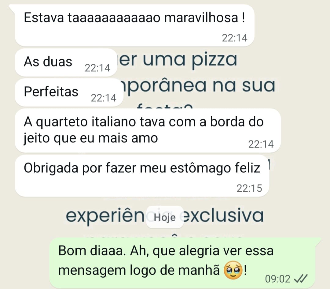 Cliente relata evento perfeito com pizzas leves